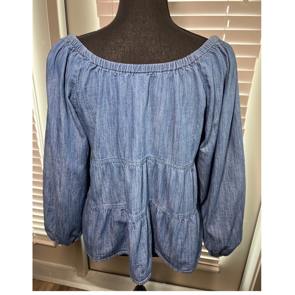 Old Navy Tiered Blue Denim Blouse Medium Puff Sleeve Babydoll Cottagecore - Picture 3 of 9
